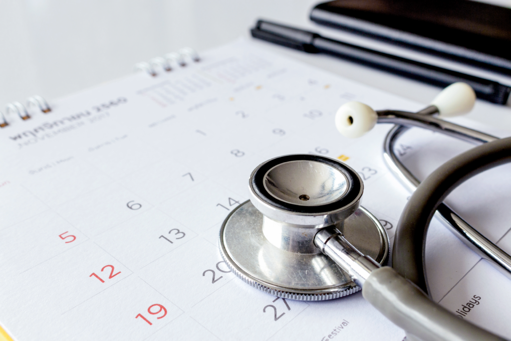 Stethoscope and calendar - find a private GP.